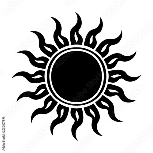 Minimalist Sun Vector Illustration, Floral Sun Icon, Black Silhouette, Nature, Summer Symbol, Decorative Circle, Sunburst Graphic, Flat Vector Design