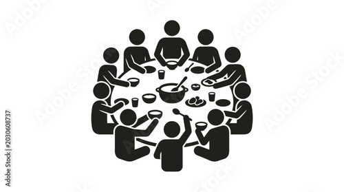 Group of people sitting around a large circular table sharing a communal meal signifies togetherness and collaborative social interaction.