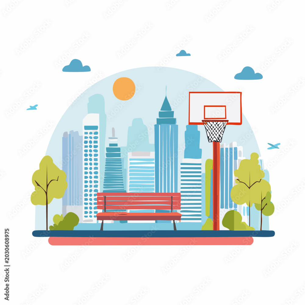 Fototapeta premium Urban Park Scene with Basketball Hoop and City Skyline