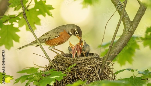 American Robin Feeding Hungry Baby Chicks in a Nest on a Tree Branch.