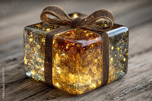 Sparkling Gift Box Radiates Magic in Warm, Soft Glow Amidst Rustic Wood Backdrop Generative AI