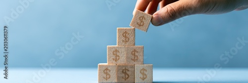 Hand adding a dollar-symbol block to a growing financial pyramid