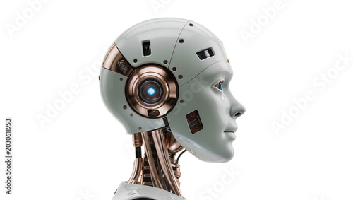 Foto Humanoid robot head with blue glowing eye, isolated on transparent background