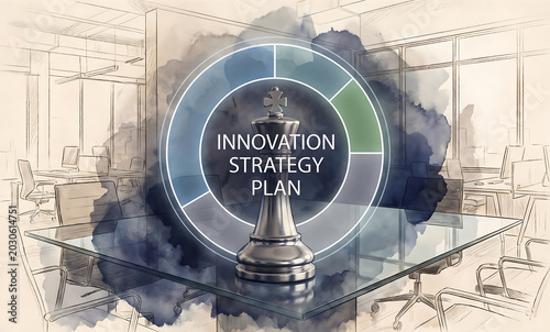  hand drawn, sketch, watercolor Innovation Strategy Plan with Chess King in Office Setting