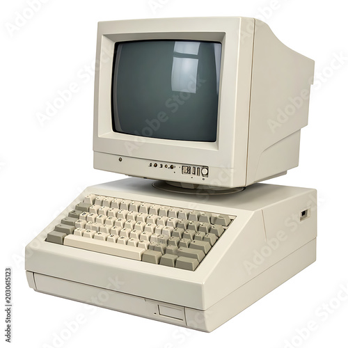 Isolated vintage personal computer with beige casing, CRT monitor, and beige keyboard, representing retro technology and early computing