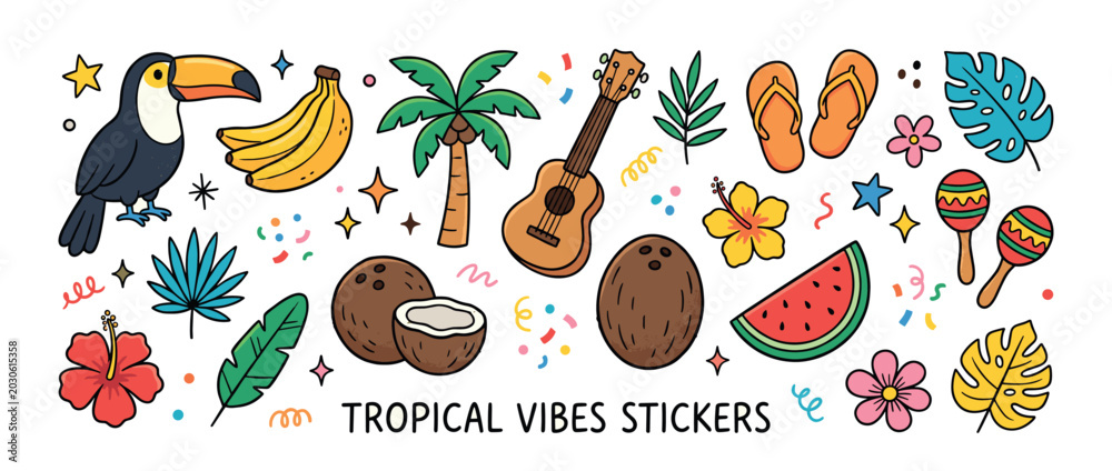 Obraz premium Colorful hand-drawn tropical vacation elements including toucan, palm tree, and fruits, creating a vibrant summer sticker collection on a white background