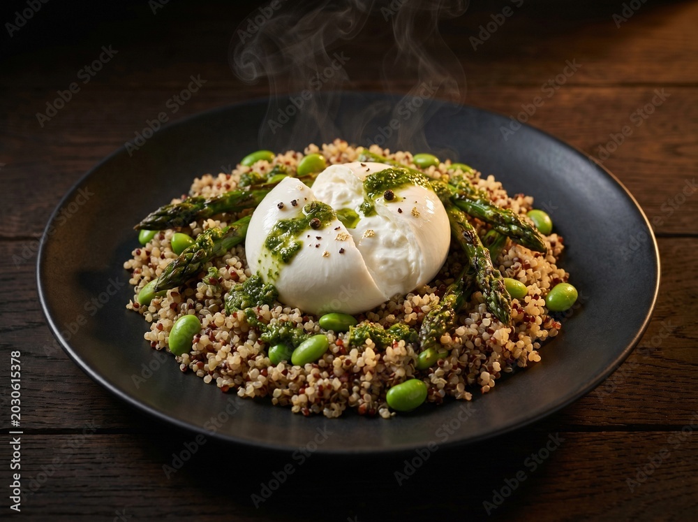 © StudioLab Premium - Gourmet healthy bowl with fresh burrata cheese warm quinoa asparagus and edamame beans, cinematic moody food photography © StudioLab Premium - Gourmet healthy bowl with fresh burrata cheese warm quinoa asparagus and edamame beans, cinematic moody food photography