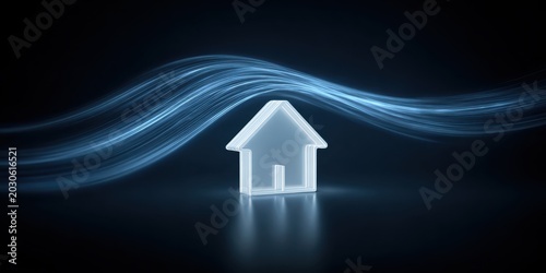 Glowing white house model icon with 3d Wi-Fi symbol on blue background. Smart home wireless internet concept for real estate, connectivity and modern housing technology. Digital domestic automation.