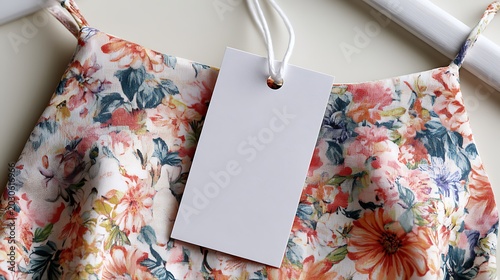 Blank clothing tag mockup on colorful floral textile