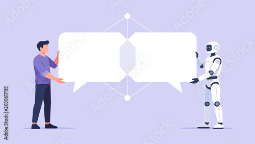 Conceptual illustration of human and artificial intelligence communication, showcasing a smooth flow of dialogue and data exchange between two entities