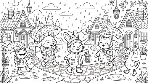 Canvas-taulu Coloring page of cute animals in the rain, cartoon forest village with rainy wea