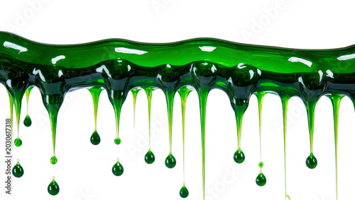 Bild auf Leinwand Viscous green liquid dripping in strands and drops, isolated on transparent back