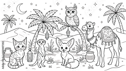 Canvas Print Desert animals coloring page vector, cute fennec fox and camel in sahara landsca