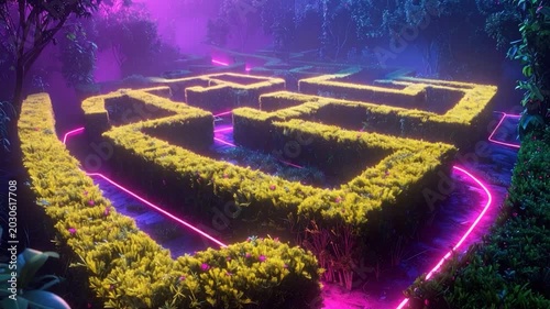 A glowing neon-lit maze surrounded by hedges, trees, and ethereal ambiance