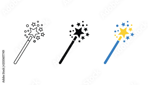 Tableau sur toile Magic wand icon set featuring outline silhouette and colorful flat design styles