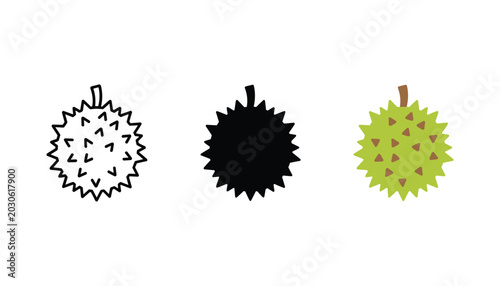 Photos Durian fruit icon set showing spiky texture in outline and solid black and flat