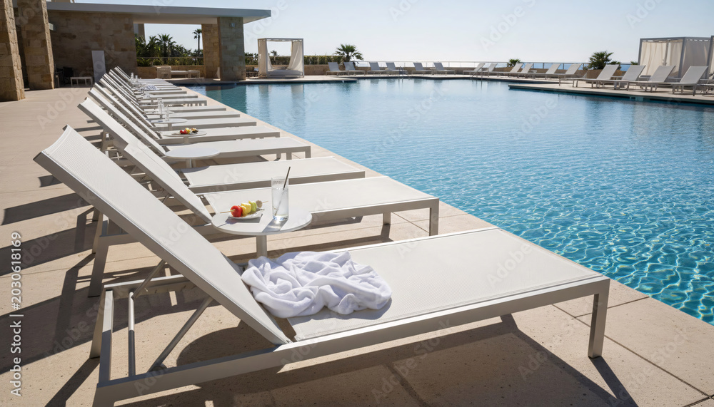 Fototapeta premium Luxury swimming pool with row of white sun loungers at tropical resort