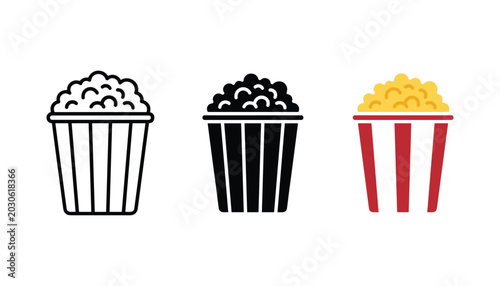 Foto Popcorn bucket icon set in outline and solid and flat styles for cinema and movi