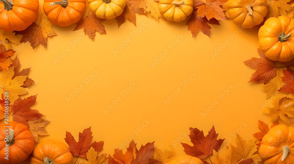 Fototapeta premium Rich autumn frame with orange pumpkins and vibrant fall foliage background