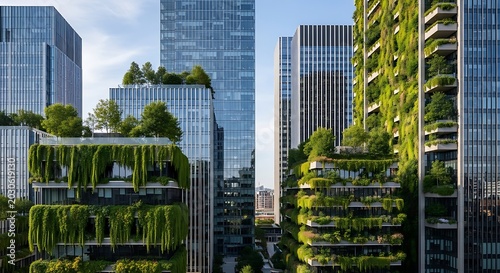 Modern cityscape with sustainable green architecture and tall glass buildings