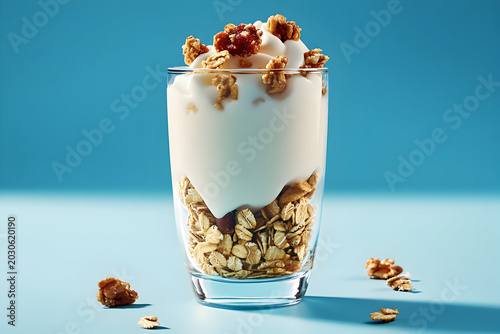 Glass of healthy yogurt and granola parfait on a light blue background