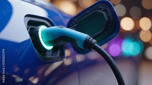 Close up blue car charging at night with a bright blue charger glowing with colorful bokeh lights in the background