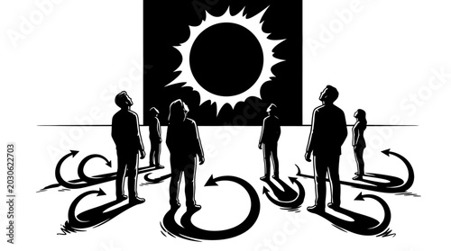 Foto People in silhouette observe eclipse with paradoxical symbolism and arrows
