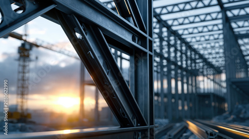 Industrial bridge steel structure metal beam construction site sunset light urban engineering structural detail modern architecture heavy industry wide angle view dramatic scene industrial bridge