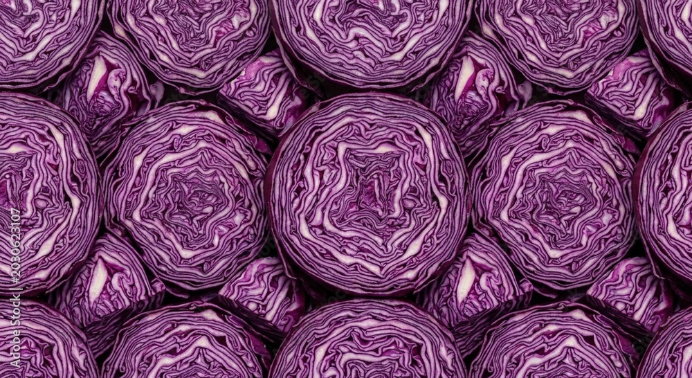 Obraz premium Close up Of Red Cabbage Halves Stacked In Pattern Studio Lighting Fresh Healthy Vegetables
