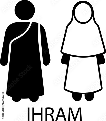 Photos Black flat and line style Ihram male and female vector icon of Muslim Hajj pilgr