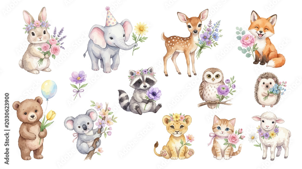 Fototapeta premium Cute watercolor baby animals with flowers and pastel spring decor. Collection of Vector illustrations for invitation, card, poster, banner, decoration