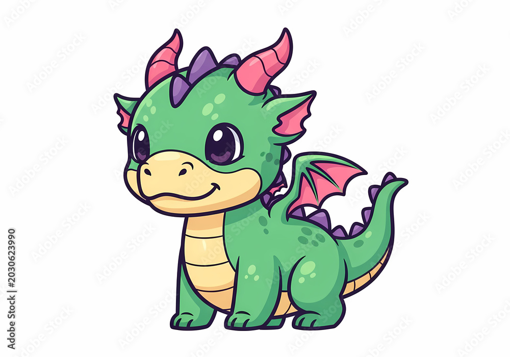 Fototapeta premium Cute Cartoon Green Baby Dragon Character Illustration.