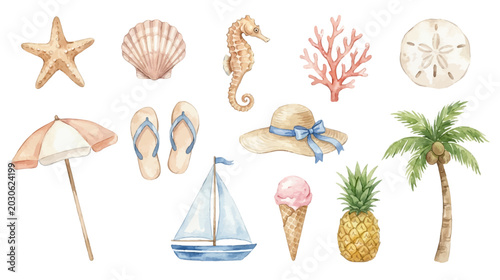 Bild auf Leinwand Tropical beach watercolor collection with seaside summer elements