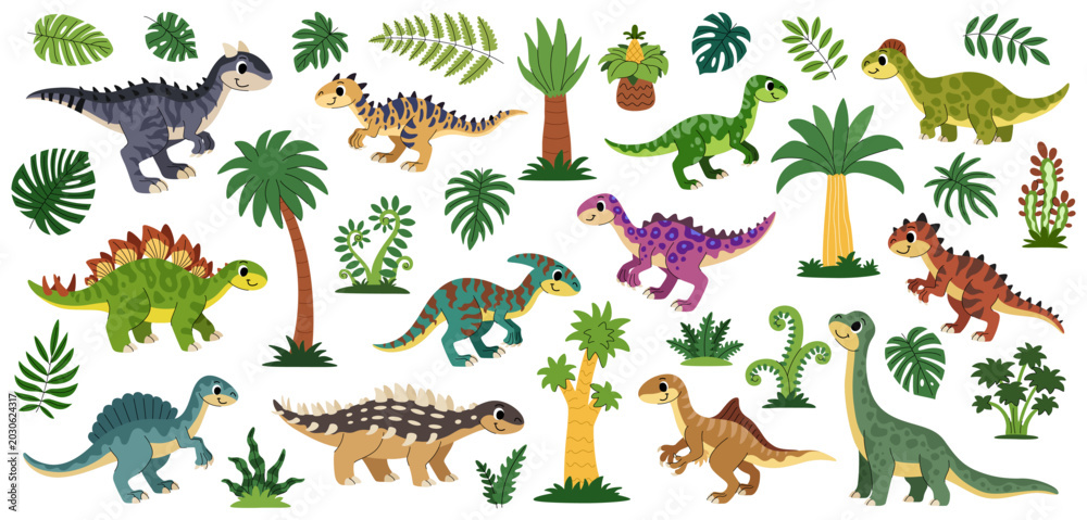 Fototapeta premium Cartoon dinosaurs set. Cute prehistoric animals, plants and trees of the Jurassic period for kids. Ankylosaurus, stegosaurus, carnosaur, saurolophus, and more.
