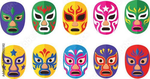 Bild auf Leinwand Colorful Flat Mexican Lucha Libre Wrestling Mask Collection with Flame Star Flor