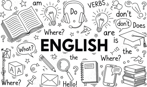 Bild auf Leinwand Black and White Hand Drawn English Language Learning Doodle Banner with Book Hea