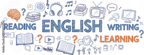 Foto Blue and Orange Hand Drawn English Language Learning Banner with Reading Writing