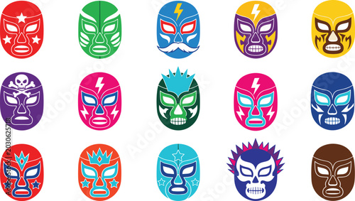 Foto Colorful Flat Mexican Lucha Libre Wrestling Mask Collection with Skull Lightning
