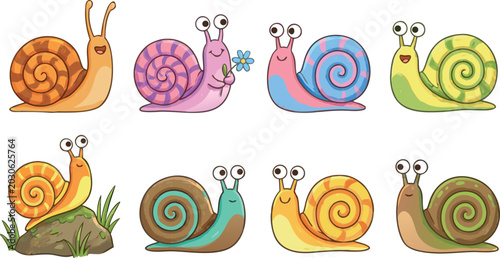Cute colorful cartoon snail characters with spiral shells vector illustration set isolated on white background