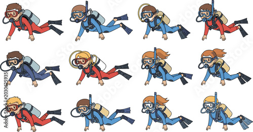 Foto Cute cartoon scuba divers swimming underwater vector set collection with little
