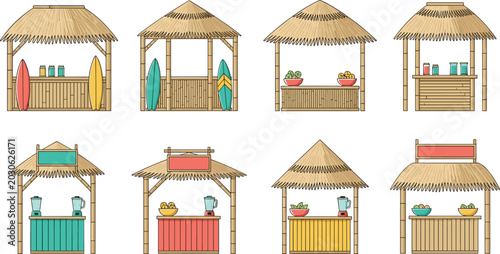 Photos Tropical bamboo beach tiki bar stalls and surf shacks vector set collection with