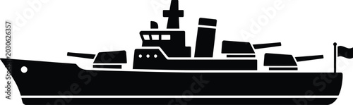 Obraz na płótnie Black silhouette of a battleship with flag on white background