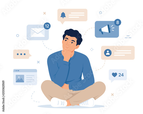 Bilde på lerret Vsai young man thinking about social media notifications overload