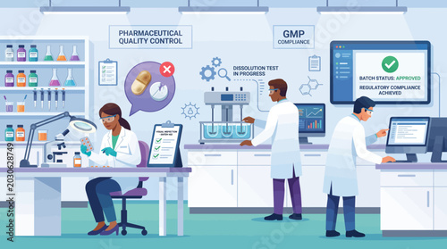 Diverse scientists conducting quality control in pharmaceutical lab flat vector illustration design.