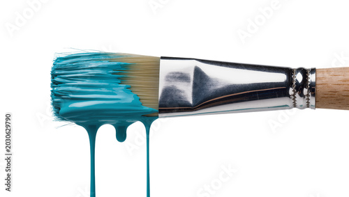 Tableau sur toile Paintbrush with dripping turquoise paint, isolated on transparent background