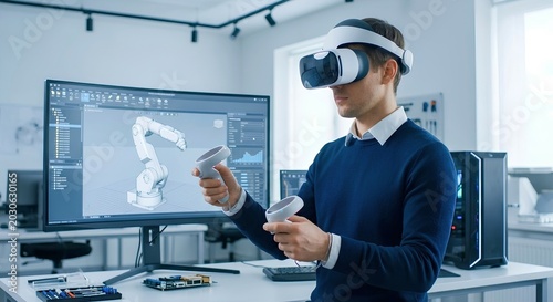 Engineer Designing Robotic Arm in Virtual Reality - Industry 4.0 Advanced Technology Theme - Software Promo Banner Use