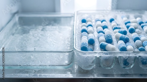 pharmaceutical capsule tray inside frosted medical refrigeration system for ultra cold drug storage and biotech manufacturing process