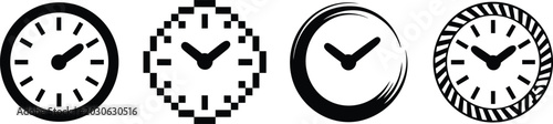 Fotografie Circular clock face icons set in different styles including pixel art, minimalis