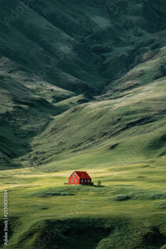 Red house stands alone in green valley surrounded by mountains on a sunny day in Iceland celebrating the beauty of nature in a rural area