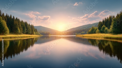Tranquil Sunset Over a Serene Lake Surrounded by Lush Forests and Rolling Hills in a Picturesque Natural Landscape